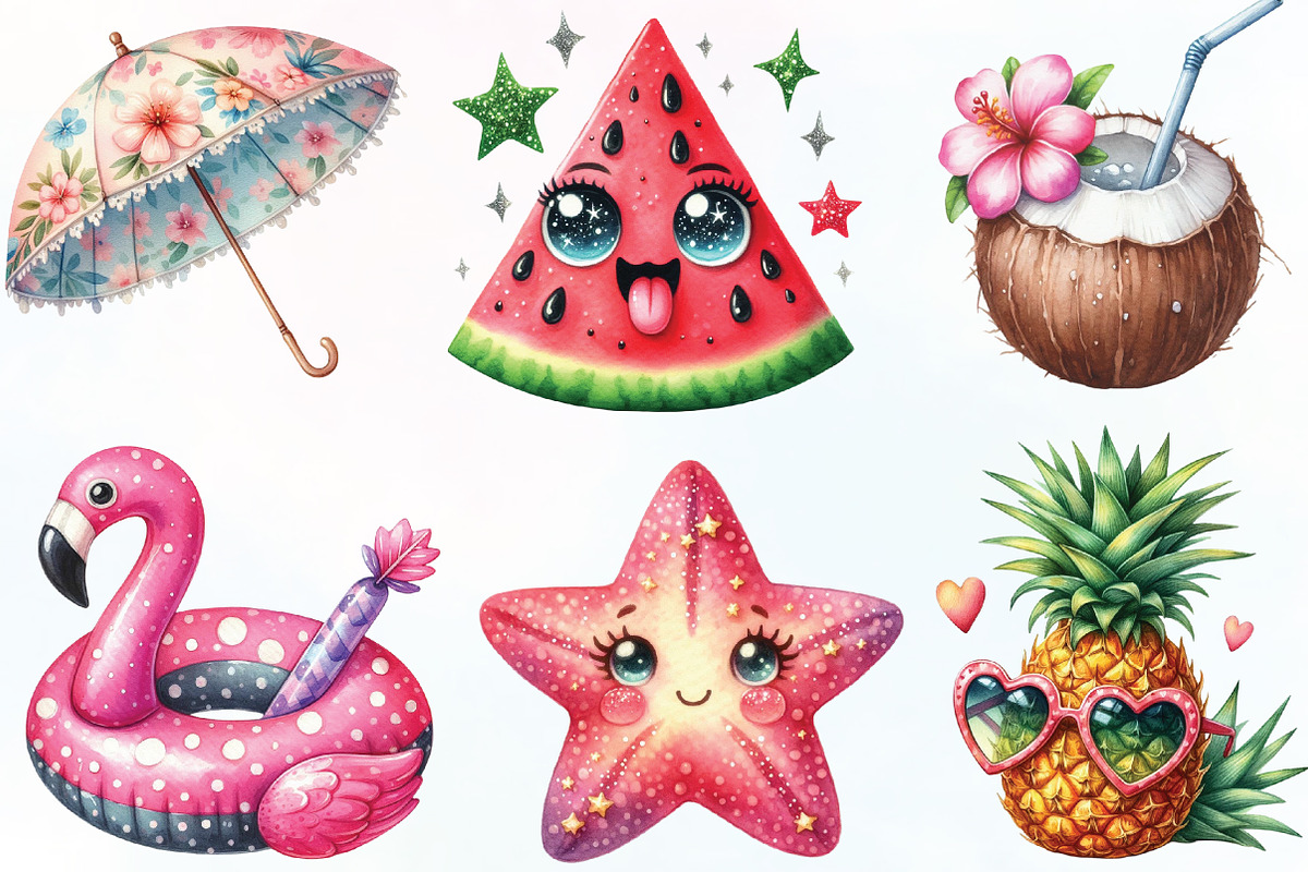 Watercolor Cute Summer PNG Clipart, an Illustration by CraftArtStudio (Photo 2 of 6)