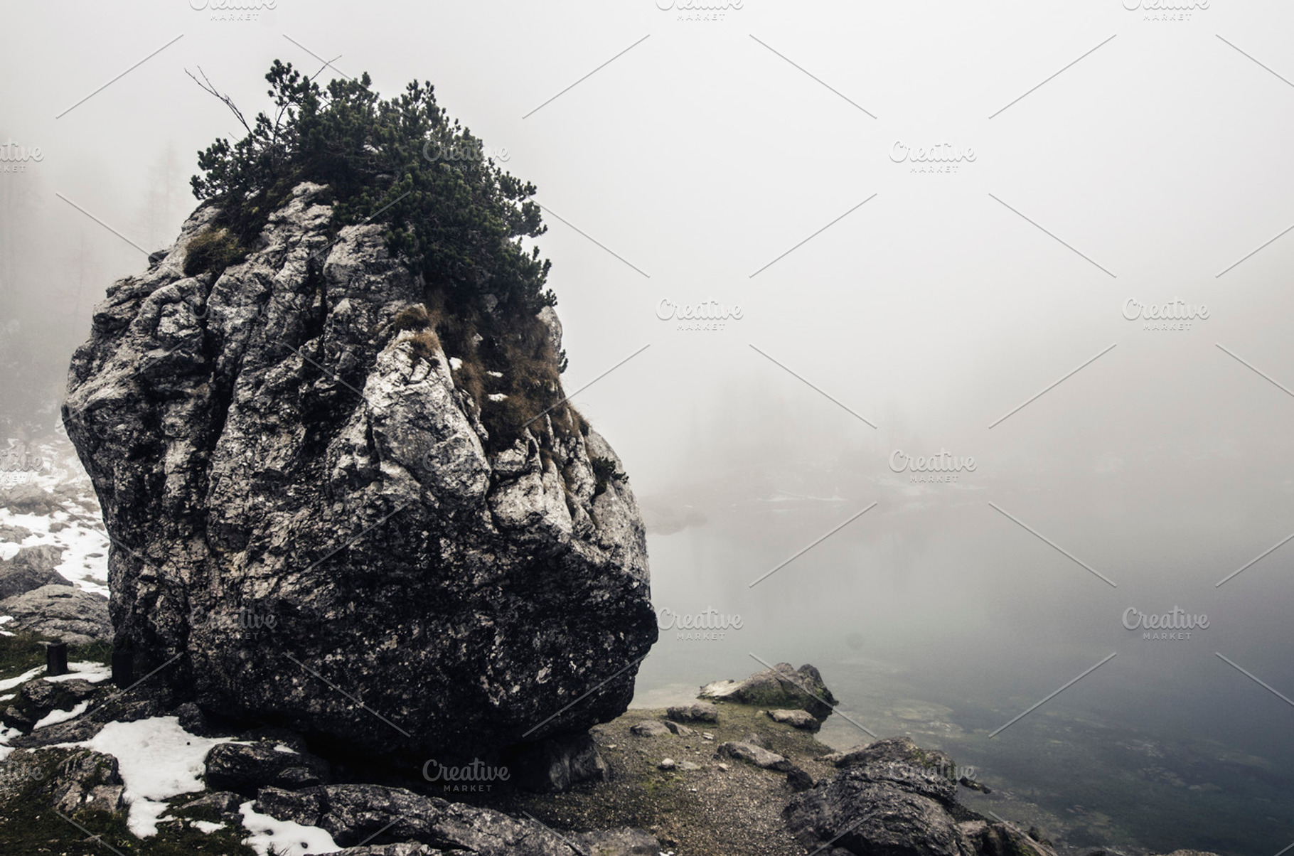 Rock, Mist, Fog and Lake in Autumn, a Nature Photo by Dreamy Pixel