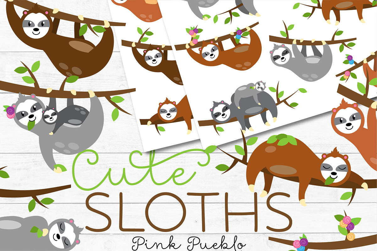 Cute Sloth Clipart and Vectors, an Illustration by PinkPueblo (Photo 1 of 3)