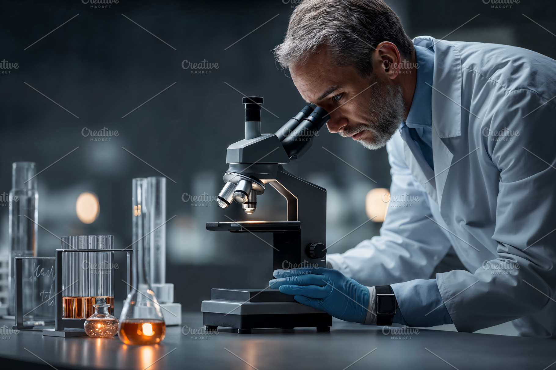 Examining sample under microscope in medical laboratory, a Health & Medical Photo by OSORIOartist