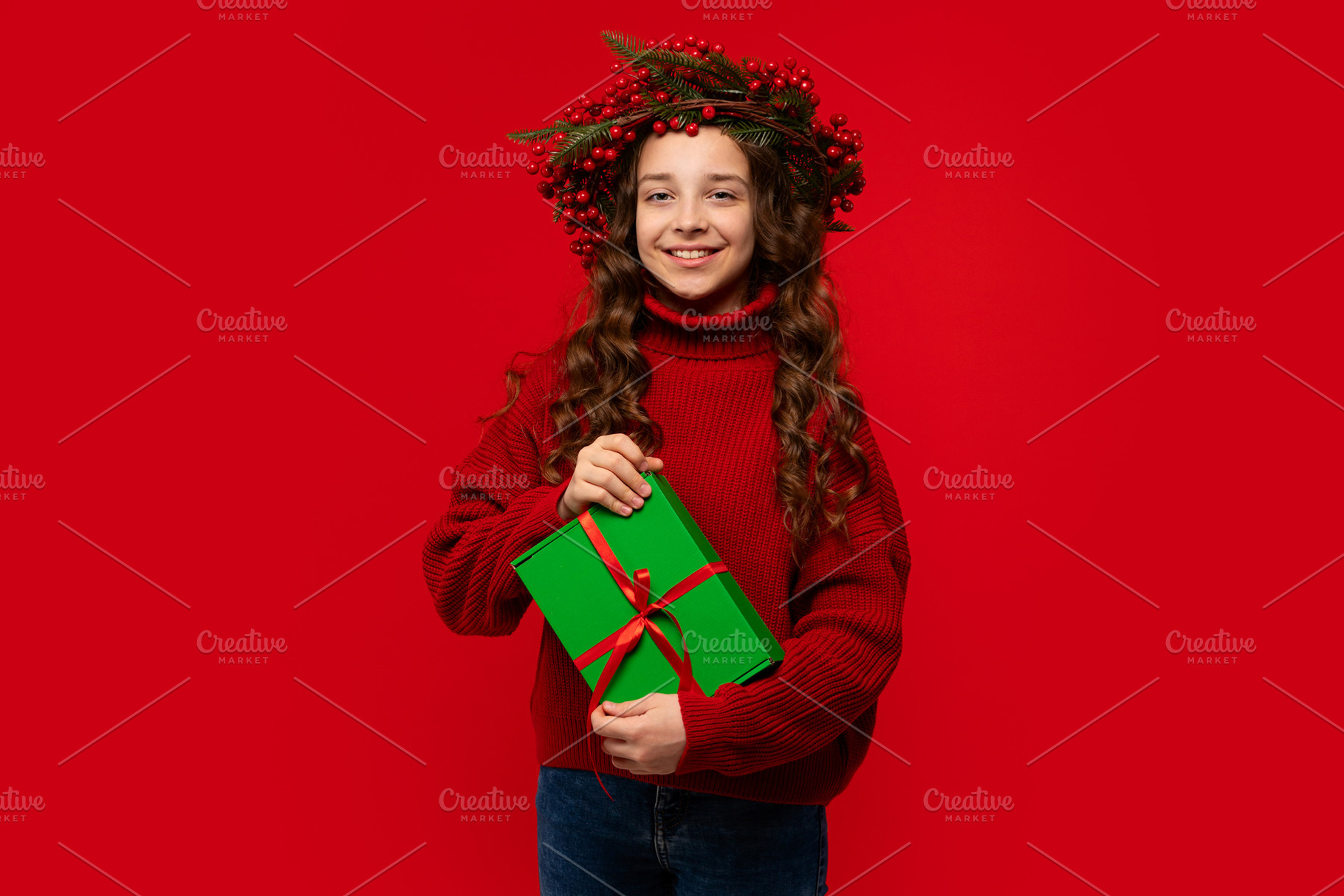 Girl in Christmas berry wreath, a Holiday Photo by Elena Vagengeim