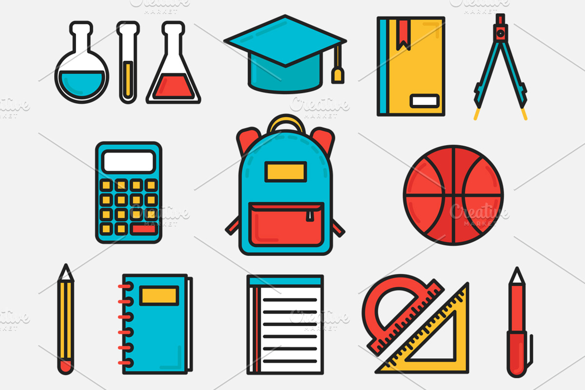 School Set Outlined & Colored, an Outline Icon by DeniseUytiepo (Photo 2 of 5)
