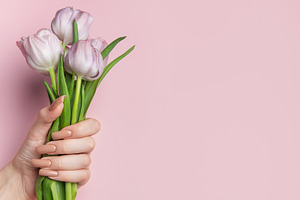 Woman hand holding beautiful pink tulips showing manicure nails, a Beauty & Fashion Photo by Olena Rudo