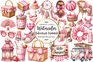Bohemian Pink Gingham Summer Clipart, an Illustration by OK Design