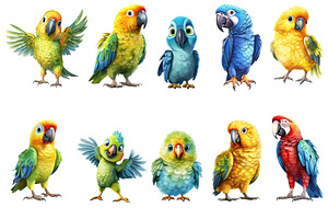 Vector Set Of Parrots. Isolated Flat