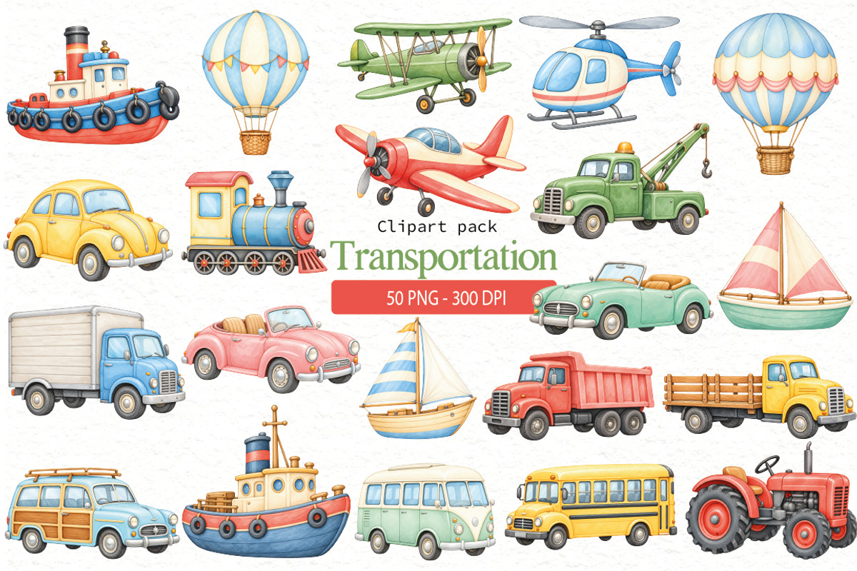 Watercolor Transportation Clipart, a Transportation Illustration by Villa 11 Estudio (Photo 1 of 8)