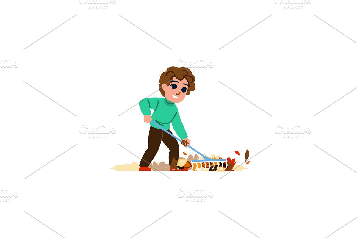 Young boy raking autumn leaves in, an Illustration by pikepicture