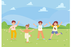Happy cartoon children on green, a Person Illustration by Valerie Bodnar