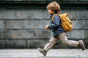 Cheerful young boy with a backpack, a School & Education Photo by MistyDay