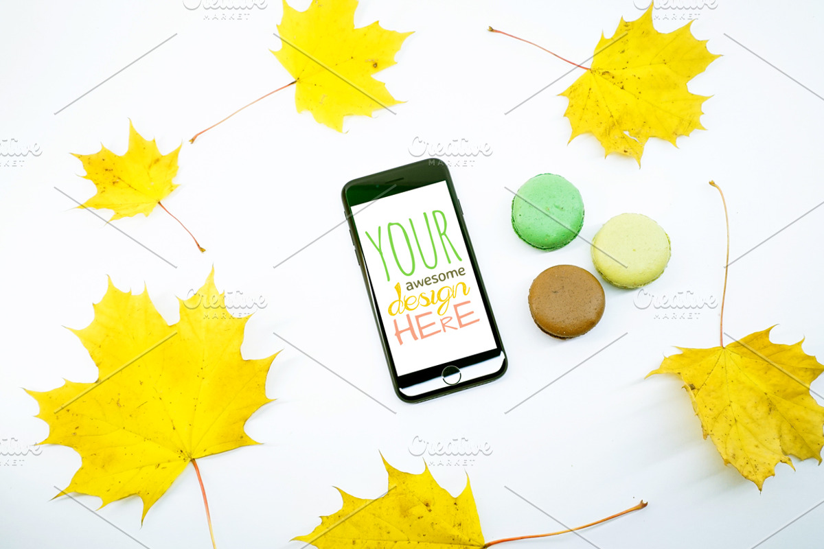 Mock-Up Phone 7 Autumn Macarons 9in1, an iPhone Mockup by EmilGuseinov (Photo 4 of 9)