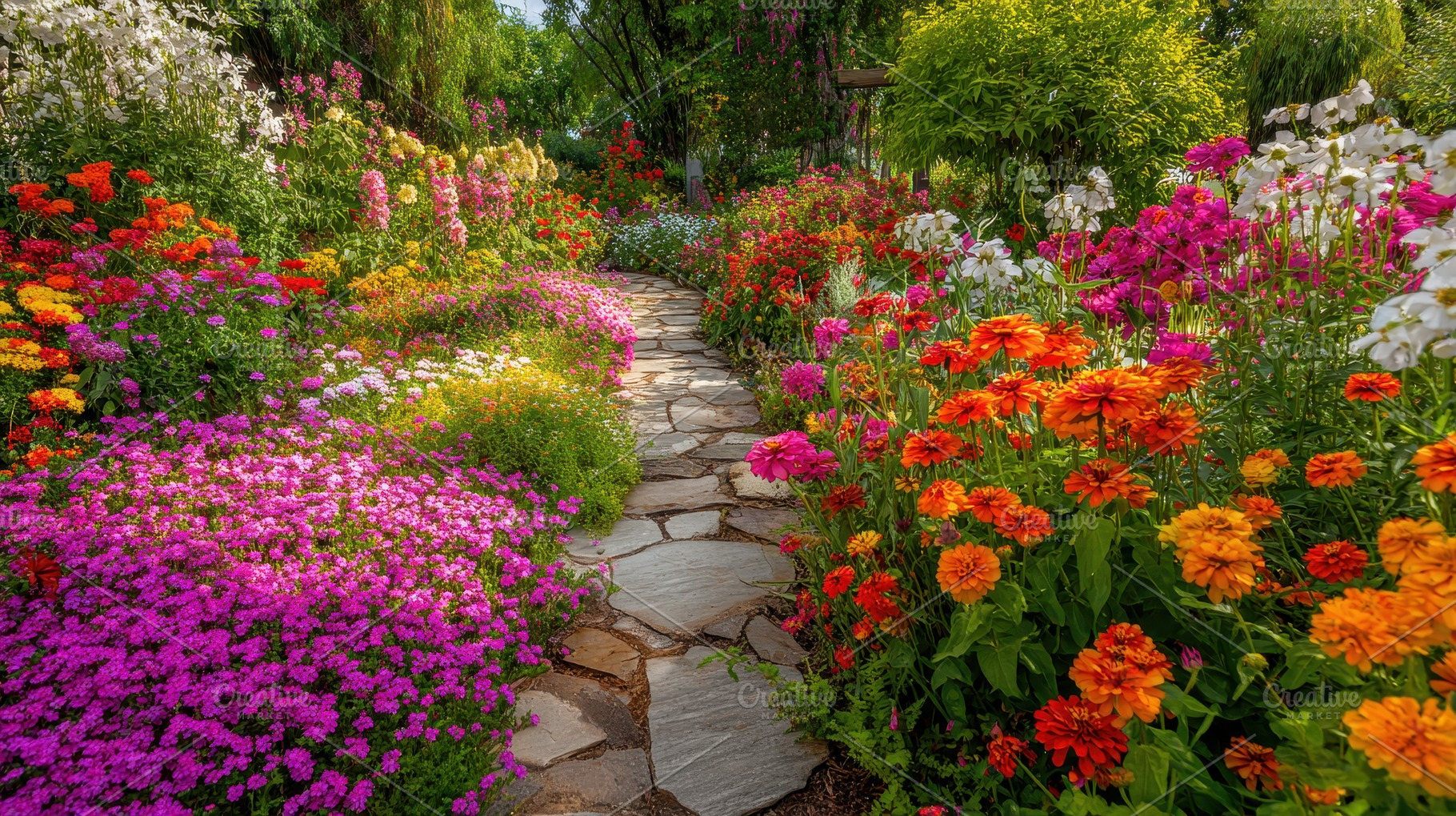 Colorful flowers line a stone path, a Photo by Pavel_design