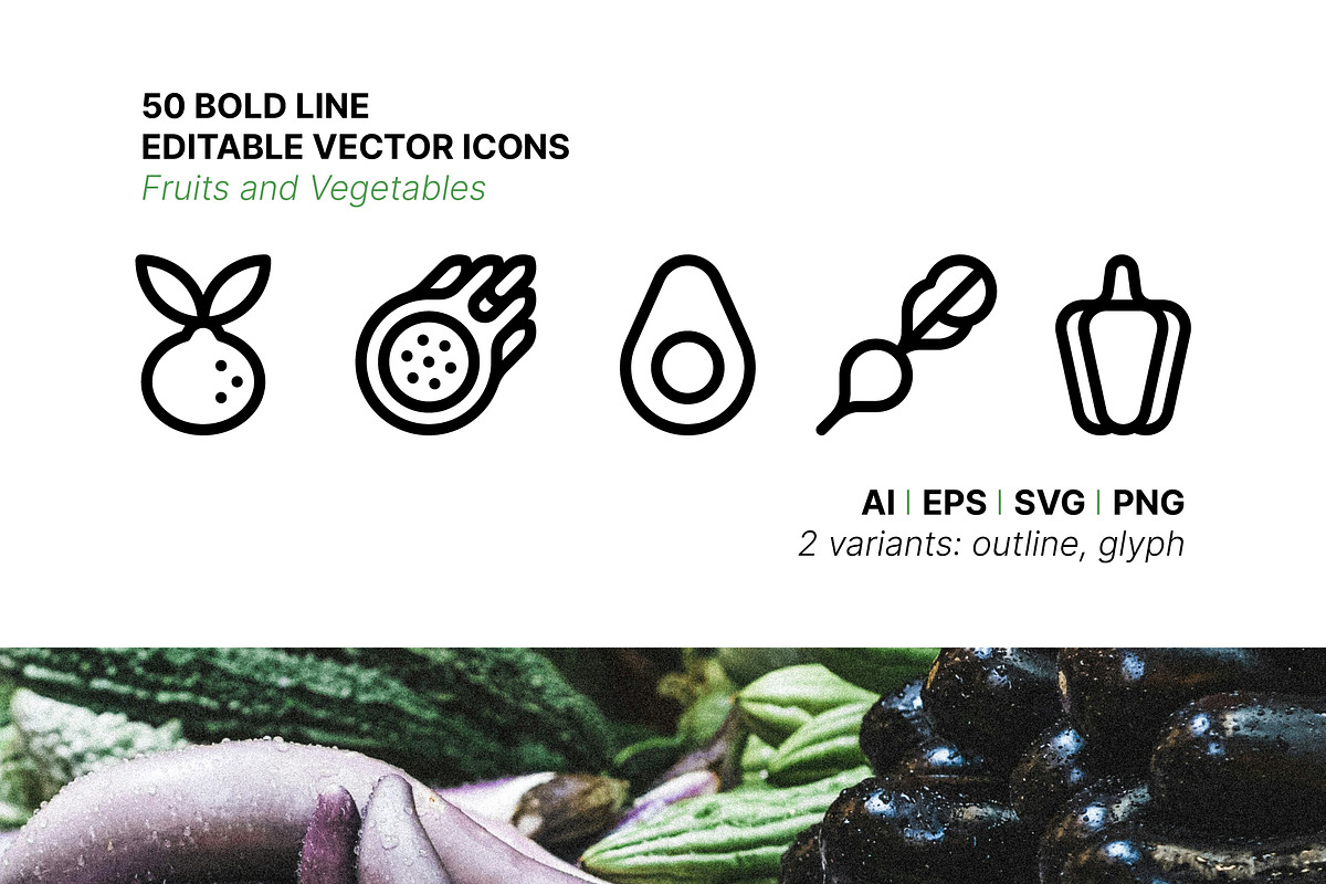 50 Fruit and Vegetable Icons, an Outline Icon by Side Project (Photo 1 of 8)