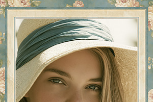 Young woman wearing a sun hat with blue ribbon, framed by vintag, an Illustration by Studio ANNA