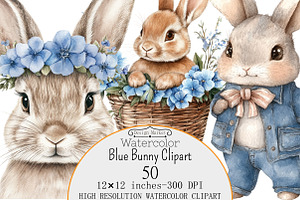 Watercolor Blue Bunny Clipart, a Seasonal Illustration by Design Market