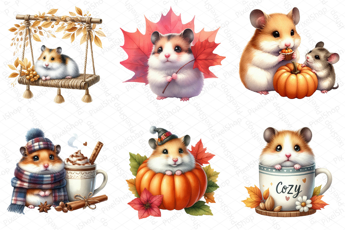 Watercolor Autumn Hamster Clipart, an Illustration by DreamPrint404 (Photo 4 of 6)