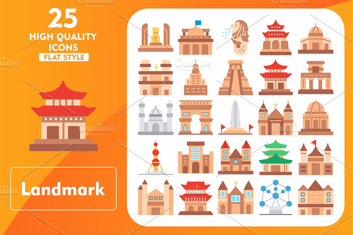 25 Landmark Flat Icons, an Icon by Pexelpy