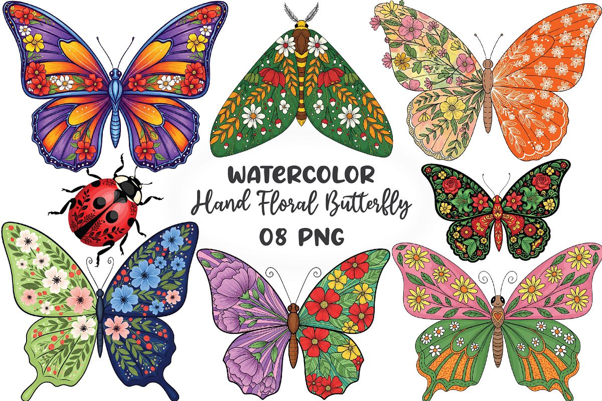Hand-Drawn Floral Butterfly PNG Bund, an Illustration by CraftArtStudio (Photo 1 of 6)