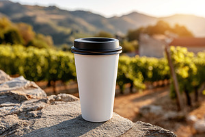 Coffee cup mockup resting on a stone wall with vineyards in the background duri, a Food & Drink Photo by AlyaAnd