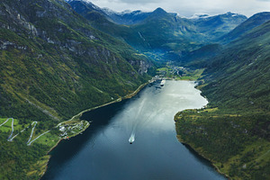 Aerial view Geiranger fjord in Norwa