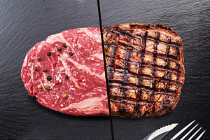 Beef steak consists of two part raw, a Food & Drink Photo by Volff