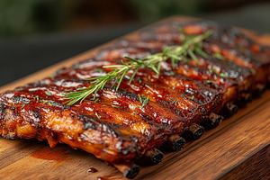 Succulent grilled ribs glazed with BBQ sauce, garnished with fre, a Food & Drink Photo by ImageMir