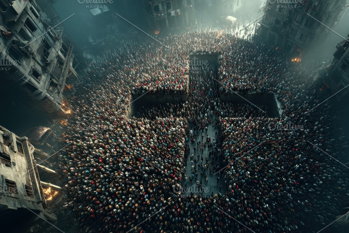 Massive crowd surrounding deep cross-shaped pit in ruined citysc, an Illustration by José Manuel Gelpi
