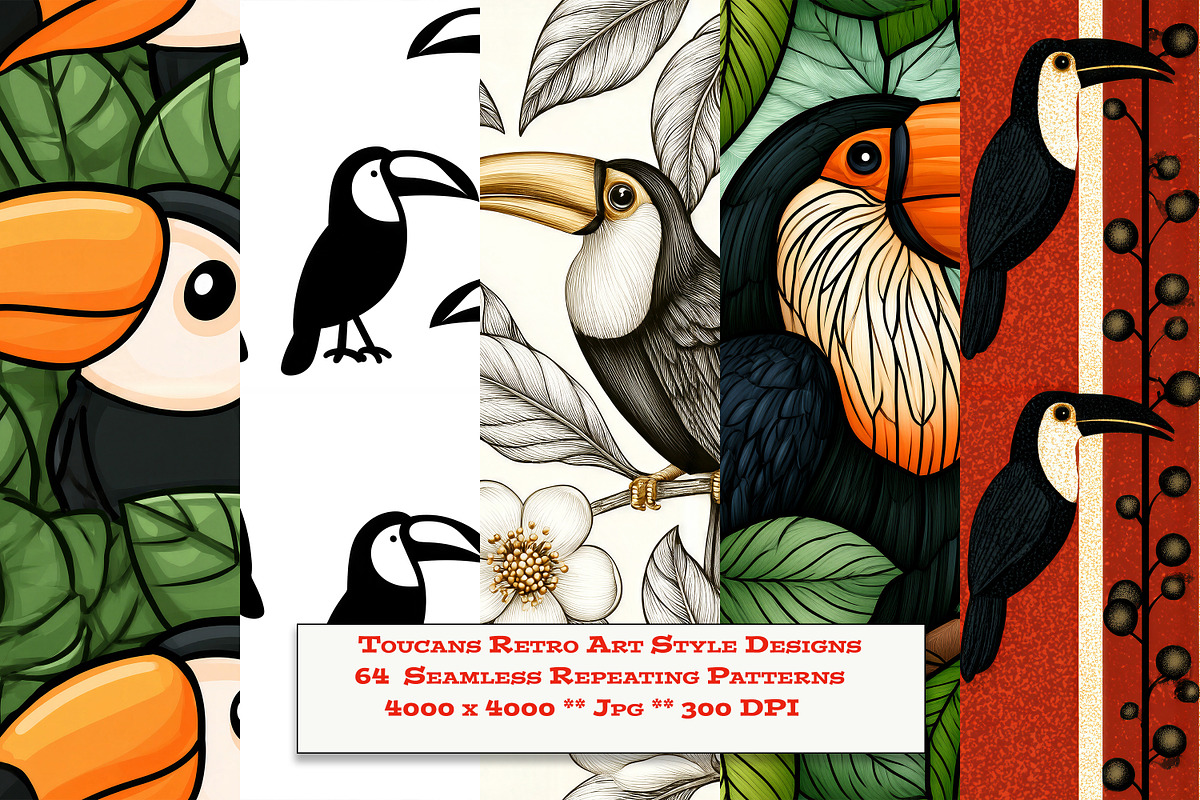 Toucans Retro Art Style Designs, a Pattern Graphic by karenfoleyphoto (Photo 1 of 13)