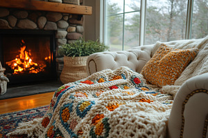 Cozy living room with a warm fire an, a Photo by Tanuart