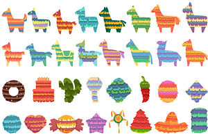 Mexican pinata icons set cartoon, an Object Illustration by Ylivdesign