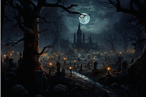 Enigmatic Moonlit Cemetery At Night