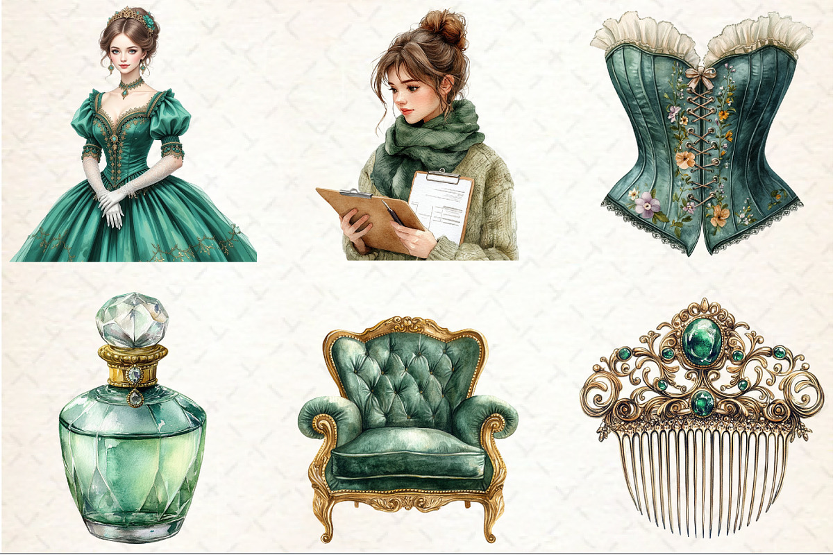 Watercolor Emerald Victorian Clipart, an Illustration by Rose Art (Photo 3 of 7)