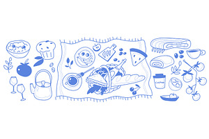 Hand-drawn blue ink picnic sketch, a Food Illustration by art PVP - market