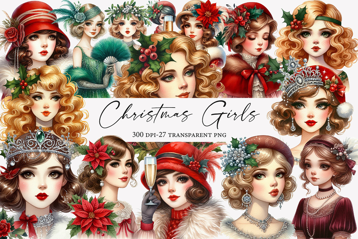 1920 Coquette Christmas Girls Clipar, an Illustration by Designworld (Photo 1 of 5)