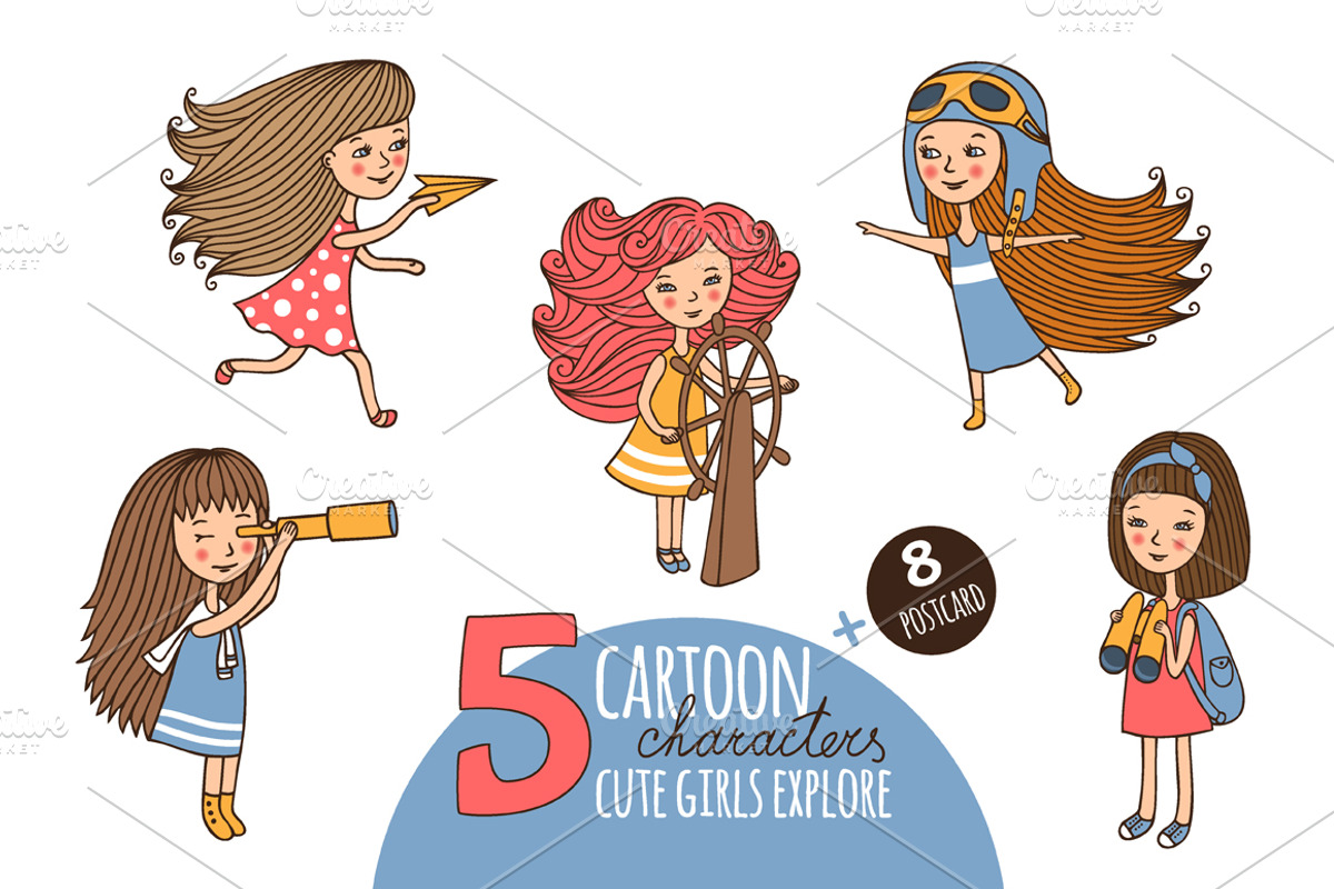 5 cute girls women travelers, an Illustration by EvgeniaV (Photo 1 of 3)