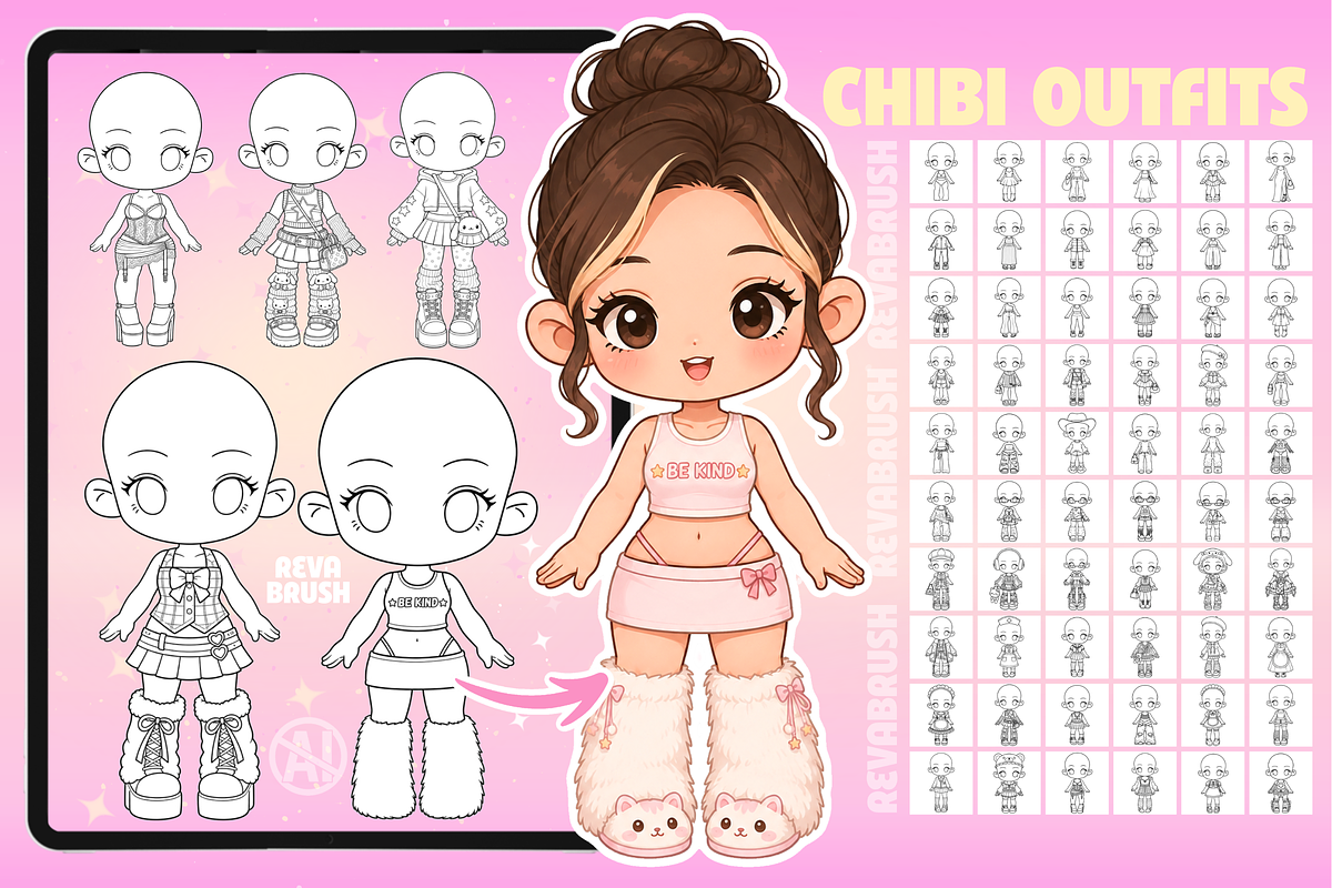 Chibi Procreate Outfit Pose brushes, a Brush Add-On by Revabrush (Photo 2 of 18)