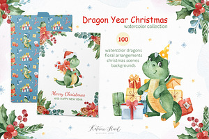 Dragon Christmas. Watercolor set.