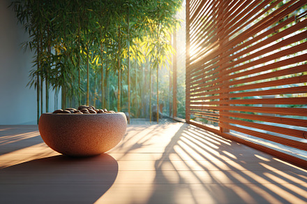 Soundscape diffuser in a tranquil room with natural light and bamboo accents, an Abstract Photo by AlyaAnd
