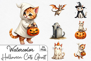 Halloween Cats Ghost Clipart, an Illustration by CrexoraLab