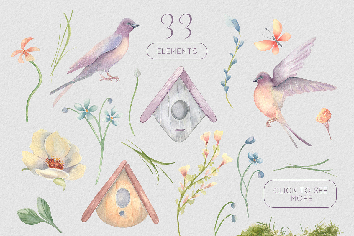 Birds and flowers watercolor clipart, a Decorative Illustration by Kate Lanbina (Photo 3 of 15)