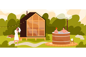 Barrel sauna, people enjoy hot water, a Person Illustration by Flashvector