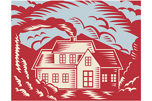 Colonial House With Mountain Woodcut, a Decorative Illustration by patrimonio