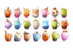 Bubble tea drinks cartoon vector set, a Food Illustration by Onyx
