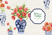 Jars and Tulips. Watercolor Set, a Decorative Illustration by Irina Dolgikh (Thumbnail 1 of 12)