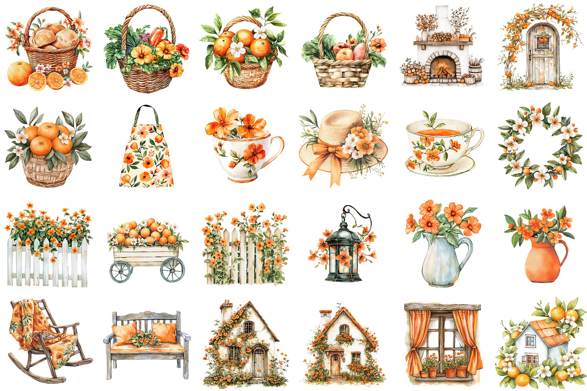 Watercolor Orange Cottage Life Clipa, an Illustration by designcity5 (Photo 2 of 5)
