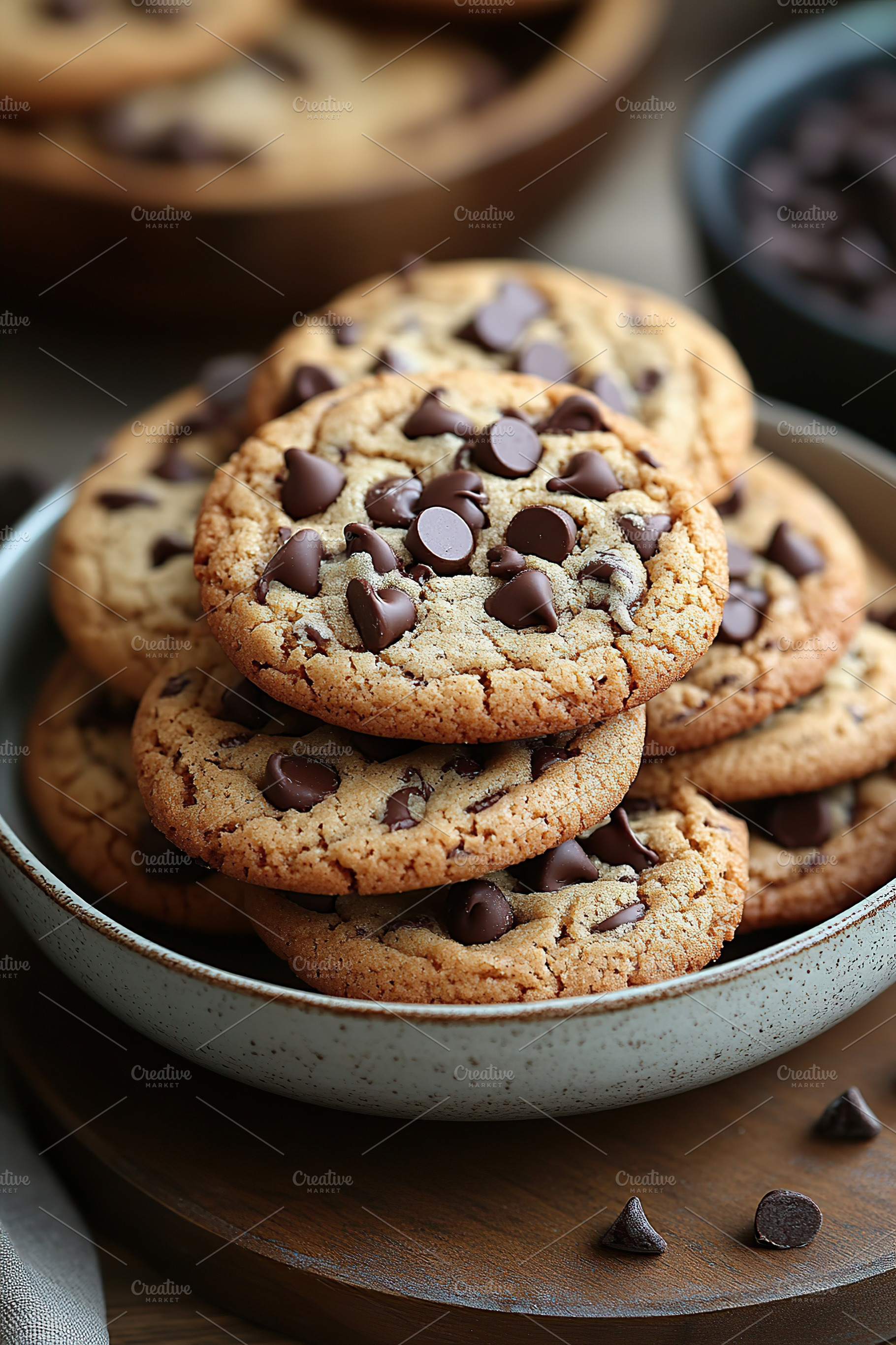 Brown chocolate chip cookies stacked on ceramic dish ready for enjoyment and sh, a Food & Drink Photo by AlyaAnd