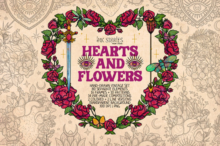 Hearts and Flowers Boho Vintage Set, a Decorative Illustration by Ink Stories