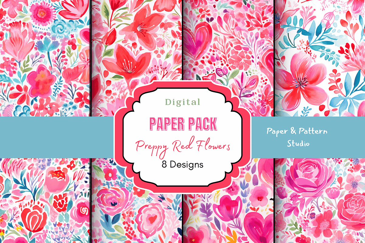 Preppy Red Flowers Digital Paper, a Background Graphic by Paper & Pattern Studio (Photo 1 of 9)