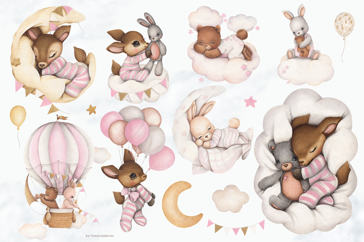 Watercolor Cute Set In The Sky, an Animal Illustration by ViktoriyaD (Photo 2 of 12)
