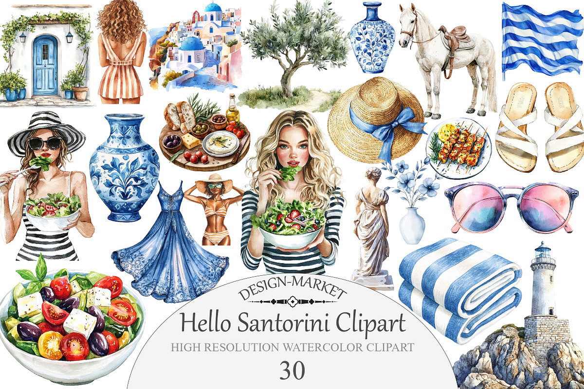 Watercolor Hello Santorini Clipart, an Illustration by Design Market (Photo 1 of 4)