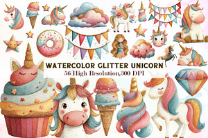 Watercolor Glitter Unicorn Clipart, an Illustration by Sublimation Artist